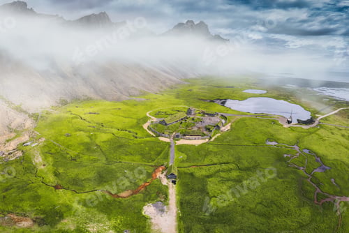 Preview: Abandoned icelandic viking village on wilderness near Vestrahorn mountain during summer