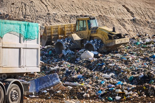 Preview: Heavy machinery shredding garbage in an open air landfill. Pollution