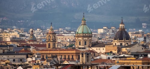 Preview: Residential Homes and Historic Church Buildings with mountains background in Palermo, Sicily, Italy