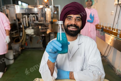 Preview: In beverage factory researcher laboratory taking sample product quality from bottle chain conveyor