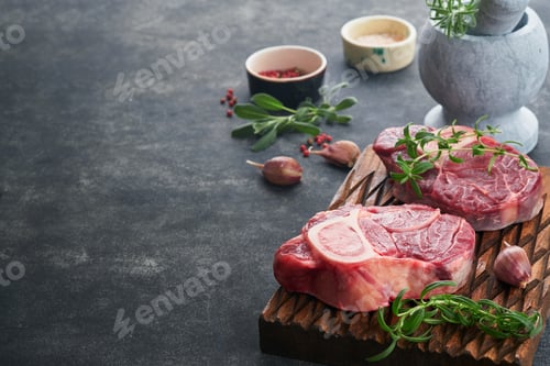 Preview: Osso Buco raw steak meat. Barbecue meat. Raw fresh cross cut veal shank and seasonings pepper, rosem