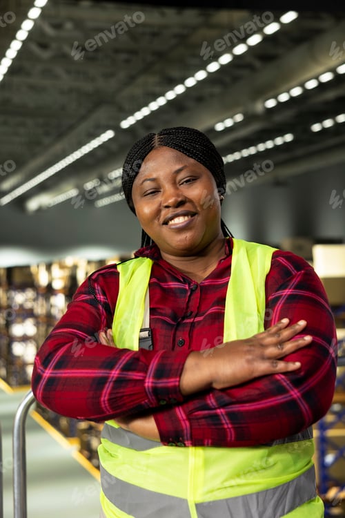 Preview: Portrait of logistics worker performing manual labor in industrial warehouse