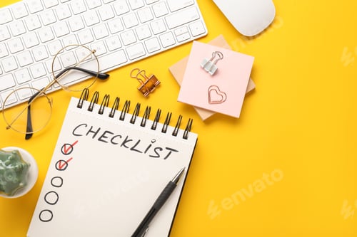 Preview: Flat lay composition with checklist on yellow background