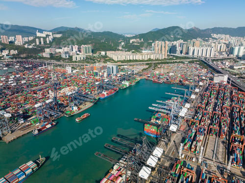 Preview: Hong Kong 04 December 2021: Top view of cargo terminal port in Hong Kong city