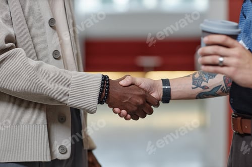 Preview: Black Man Meeting Male Partner with Handshake in Business Center Hallway