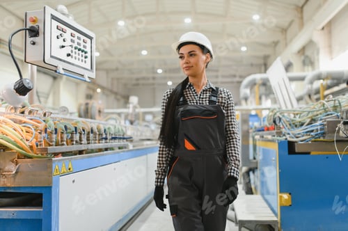 Preview: Female factory worker walking in production line of modern plant