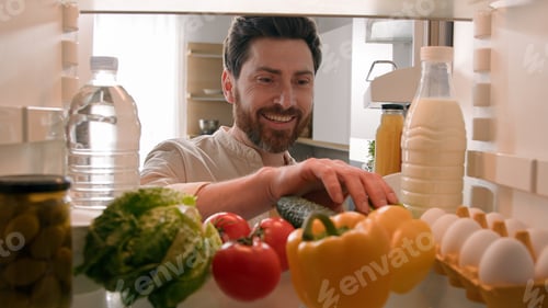 Preview: Point of view POV inside refrigerator hungry Caucasian man guy male chef open fridge with healthy