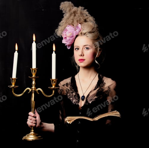 Preview: Beautiful blonde countess with a book and candlestick