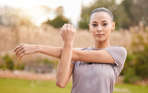 Preview: Fitness, portrait and woman stretching arms in nature to get ready for workout, training or exercis