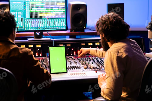 Preview: Singer and audio expert working with isolated screen on gadget