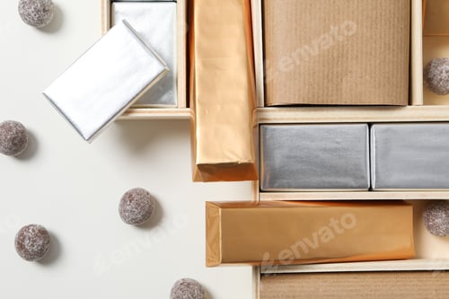 Preview: Chocolate in foil and candies on white background, top view
