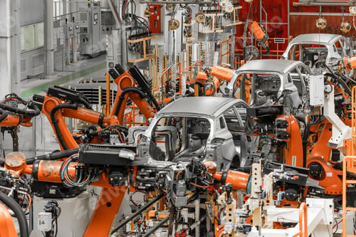Preview: Photo of automobile production line. Modern car assembly plant. Modern and high-tech automotive