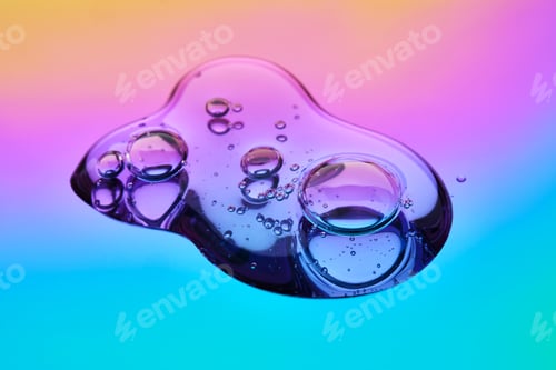 Preview: A drop of cosmetic serum on a multicolored background in shades of blue and lilac.