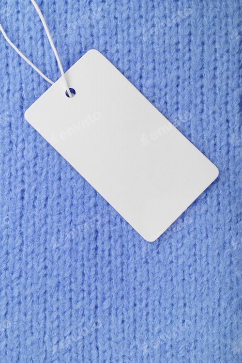 Preview: Template Of Blank Clothing Label, Price Tag On Blue Knitted Sweater Background
