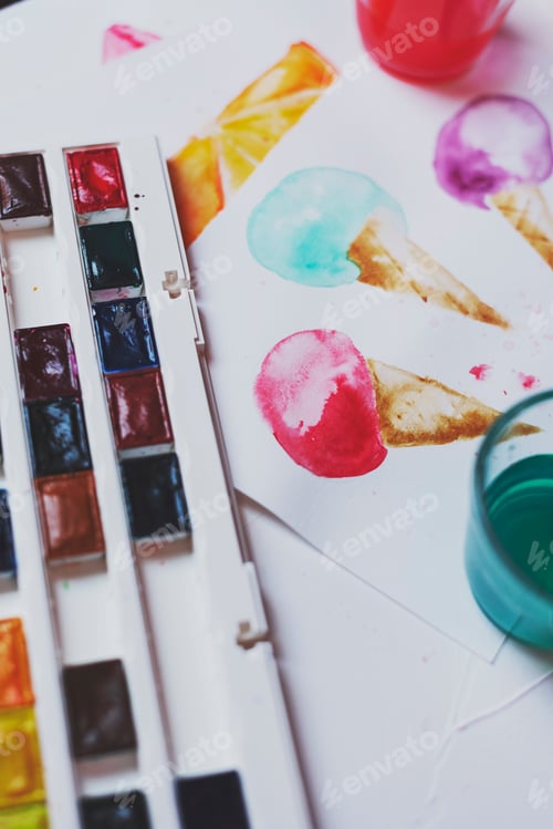Preview: Watercolor Paints and Colorful Ice Cream Cone Drawings