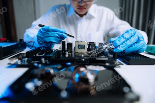 Preview: The technician is putting the CPU on the socket of the computer motherboard. electronic e