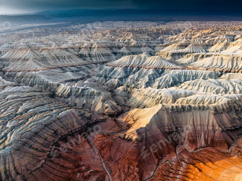Preview: White layered sediment mountains with geological pattern of Altyn Emel national park in Kazakhstan