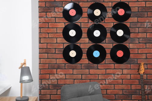 Preview: Vinyl records on brick wall in living room