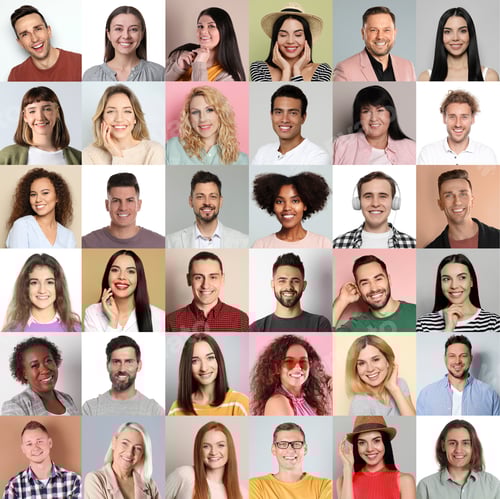Preview: Collage with portraits of happy people on different color backgrounds