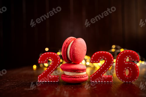 Preview: New Year 2026 concept with red macarons and festive lights