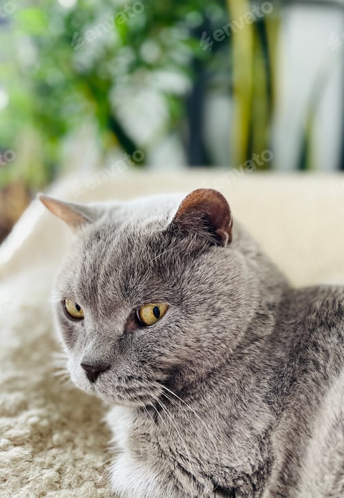 Preview: A large grey British cat is lying on a soft sofa