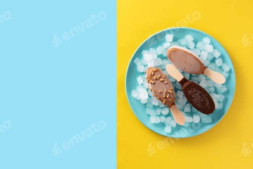 Preview: Chocolate popsicles and crushed ice on blue plate