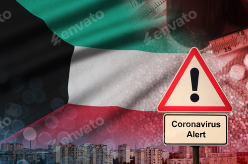 Preview: Kuwait flag and Coronavirus 2019-nCoV alert sign