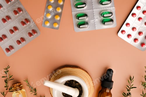 Preview: a blend of pharmaceutical items and natural remedies,, medicine with alternative treatments.