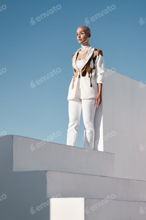 Preview: Shot of a beautiful young woman wearing creative make-up and stylish white clothes
