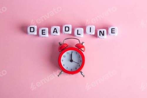 Preview: Letters with a red clock on a pink background. Concept dead line. Top view.