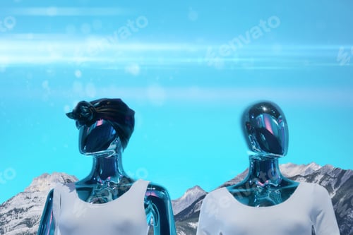 Preview: Unreal futuristic robot cyborgs with mountains and blue sky in the background, metaverse concept