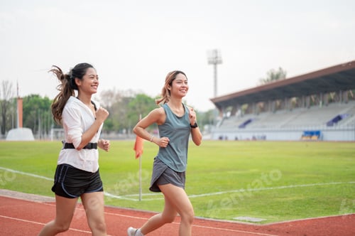 Preview: Happy athletic asian woman and friend in sportswear running jogging together on racetrack in stadium