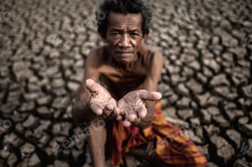Preview: An elderly man was sitting asking for rain in the dry season, global warming, selective focus