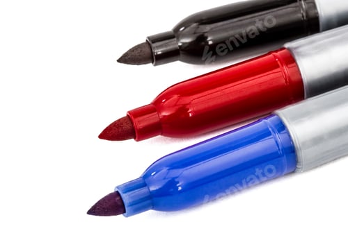 Preview: Three felt-tip pens markers highlighters close-up, isolated on white background