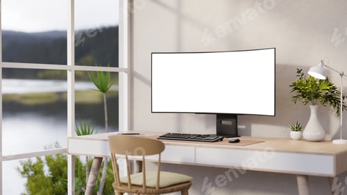 Preview: Blank curve screen computer with vase and reading lamp on table with wooden chair in glass wall room