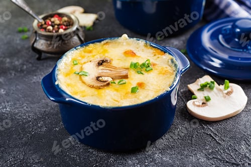 Preview: Baked mushroom julienne with chicken and cheese in pots.