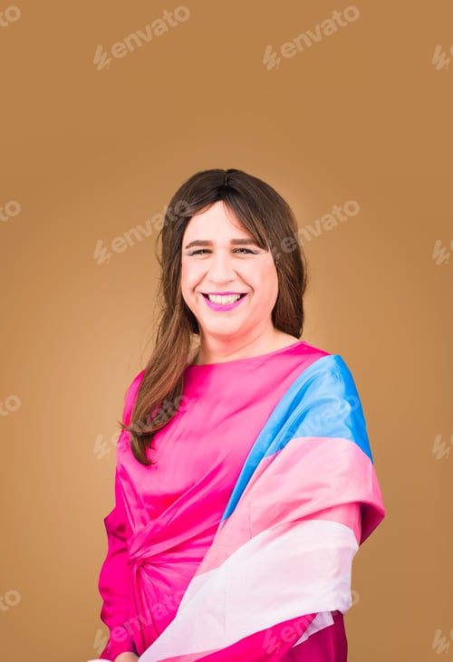 Preview: Transgender female woman with flag. Hispanic mature portrait lgbtq professional