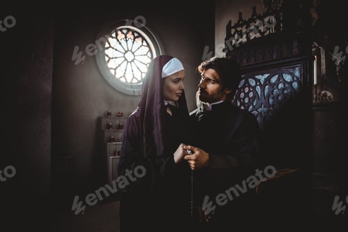 Preview: Nun and priest praying and spending time in the monastery