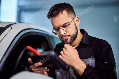 Preview: A bearded mechanic man with glasses on, using a wireless tablet, standing next to the vehicle.