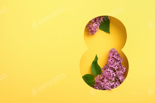 Preview: 8 March greeting card. Paper cut Eight made of yellow background and fresh spring flowers bouquet of