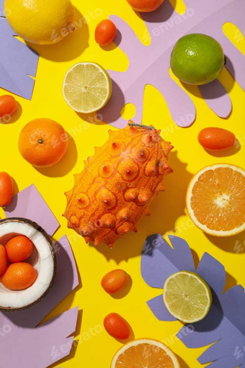 Preview: Set of tropical fruit and paper tropical leaves on yellow background, top view