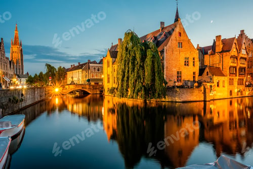 Preview: Bruges (Brugge) cityscape with water canal at night