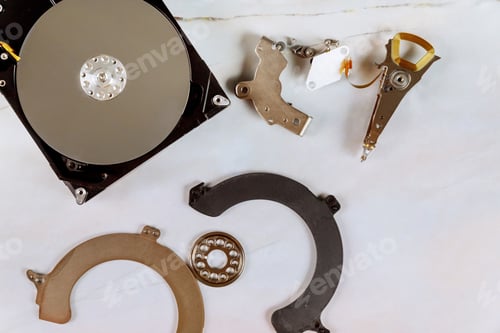 Preview: Disassembled broken detail of opened broken hard drive, a HDD drive to repair