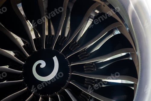 Preview: Turbine blades of an aircraft jet engine. Close up Turbines Engine. Aviation Technologies. Aircraft