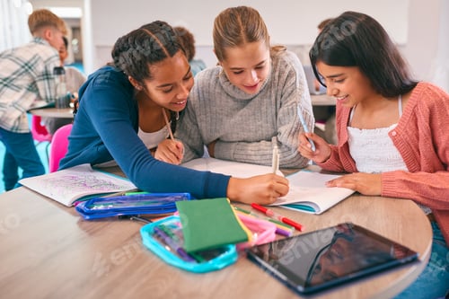 Preview: Three Female Secondary Or High School Students Collaborating In Study Area