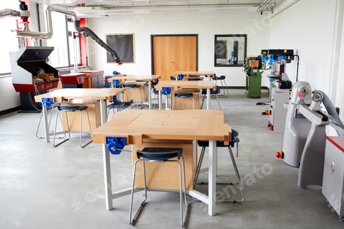 Preview: View Of Work Benches And Machinery In High School Design And Technology Classroom