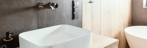 Preview: Double sinks in elegant white, concrete and wooden bathroom interior