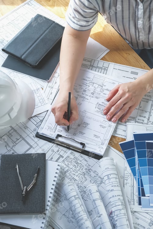 Preview: Architects concept, engineer architect designer freelance work on start-up project drawing
