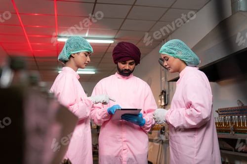 Preview: Team of worker quality control a fruit drink factory in glass