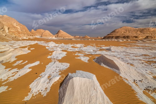 Preview: Chalk rocks in the White Desert at sunset. Egypt, Baharia
